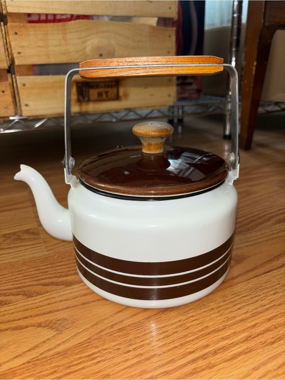 Classic White and Brown Striped Enamel Tea Kettle with Wooden Handle